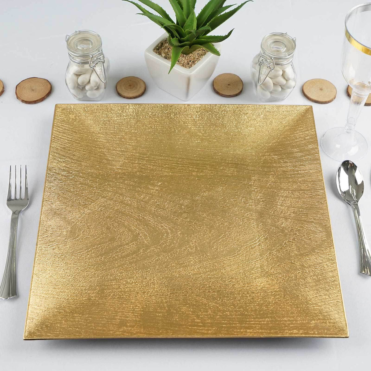 6-Pack Acrylic Charger Plates 12" Square Gold with Embossed Wood Grain - Boho Chic Dinner Party Decor Charger Tableware